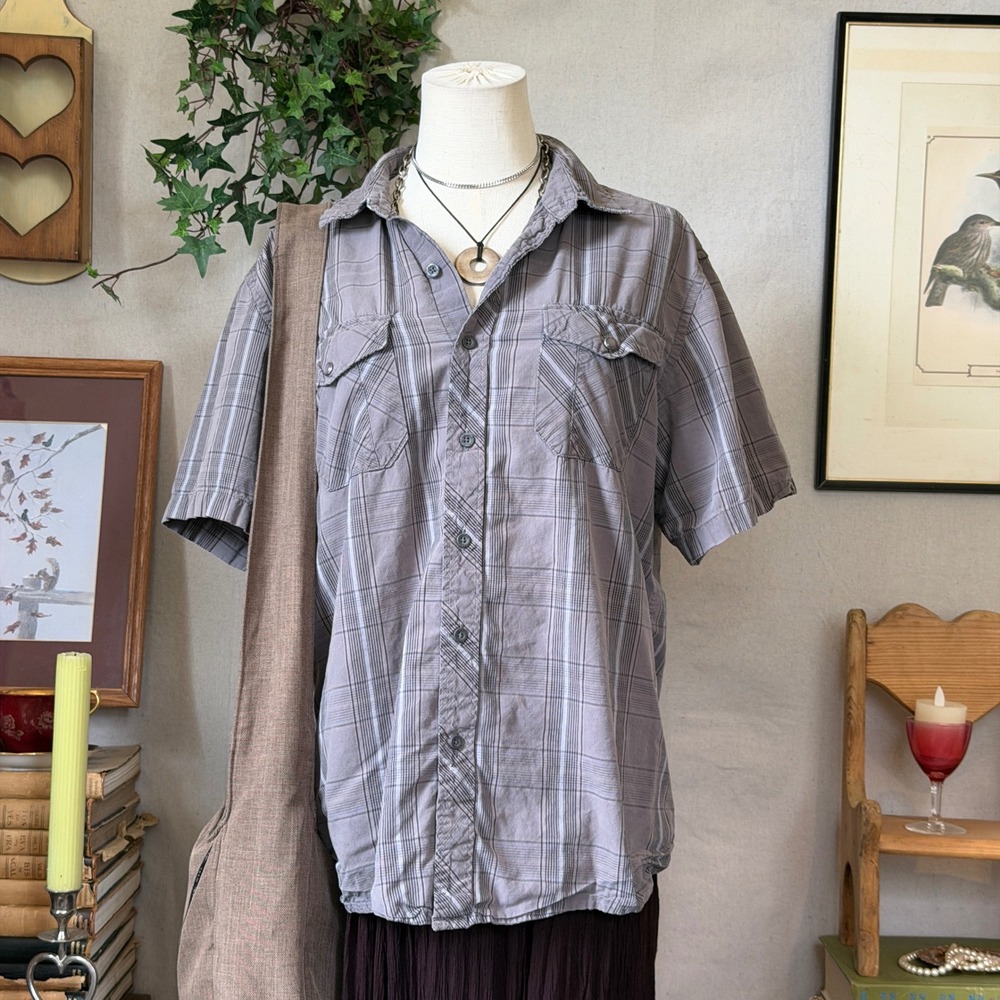 Gray Plaid Button Up Shirt Grunge Indie Large Distressed Skater Oversized Faded